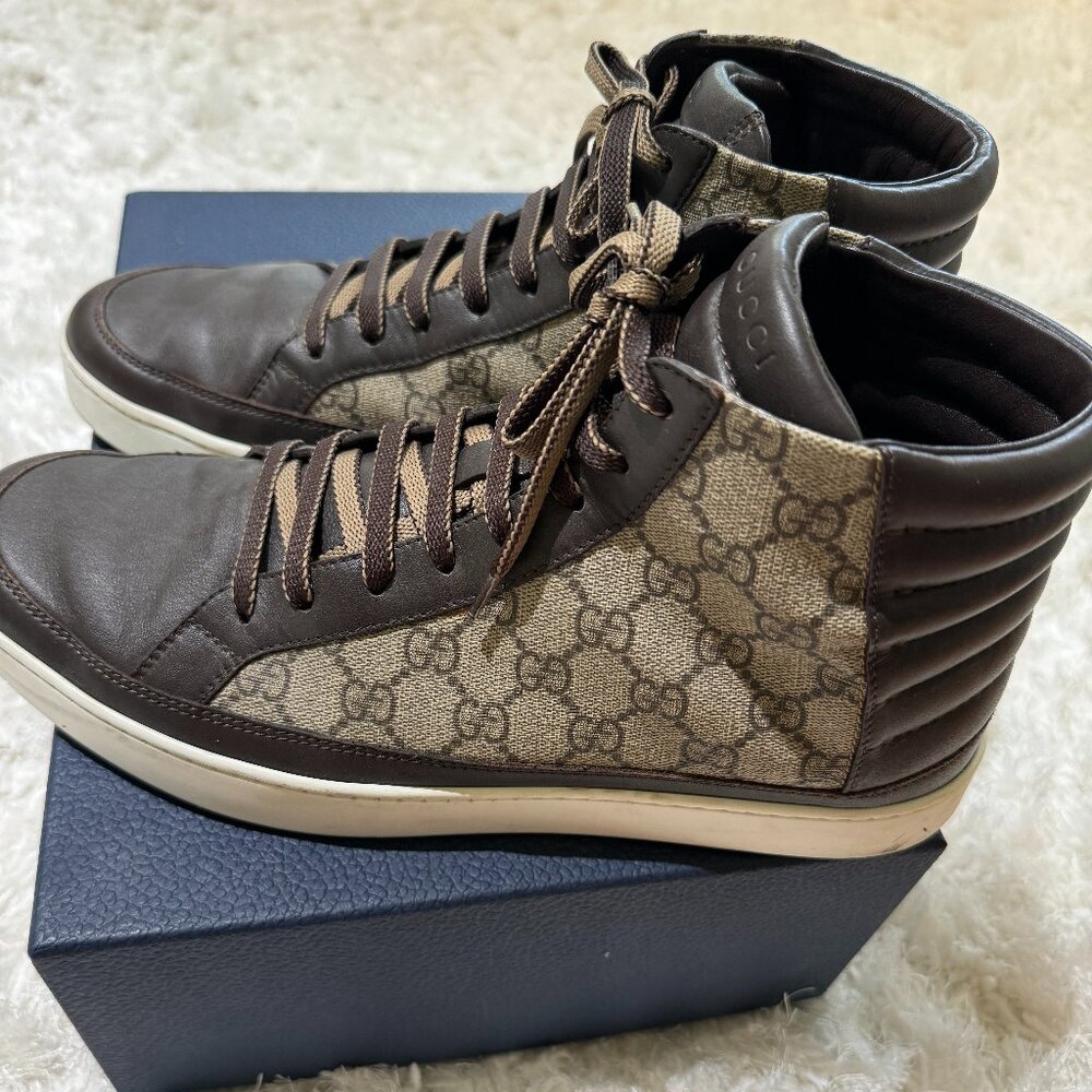 Gucci Brown Leather Canvas Logo Men's GG High Top Sneaker, Size 11 by Gucci - Picture 2 of 11